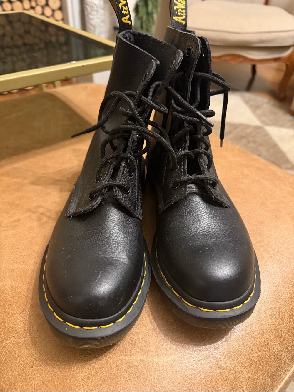 Dr. Martens Black Leather Lace-Up Boots with Yellow Stitching